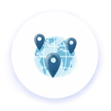Ilustración de un mapa del mundo, donde algunos alfileres muestran presencia internacional, azul oscuro y abstracto.