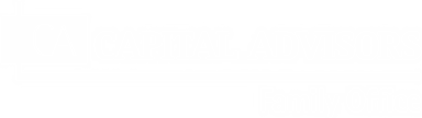 Capital Advisors logo in white. White rectangle with the letters CA on top, with a horizontal line at the bottom of the logo that reaches the end. Next to the rectangle that contains the acronym CA, it reads Capital Advisors in a serif font.